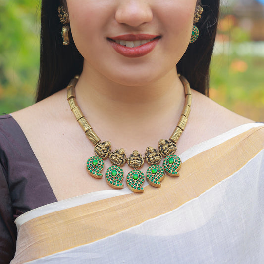 Green Mago Motif With Lakshmi Terracotta Jewellery