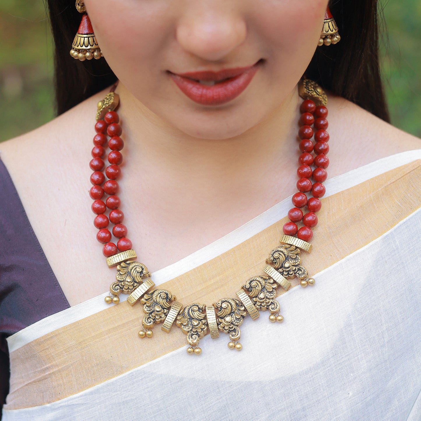 Peacock 2 row Maroon Terracotta Jewellery