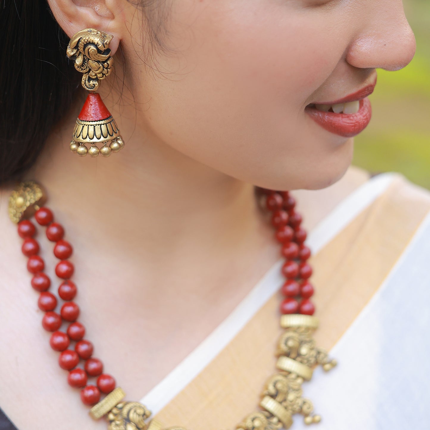 Peacock 2 row Maroon Terracotta Jewellery