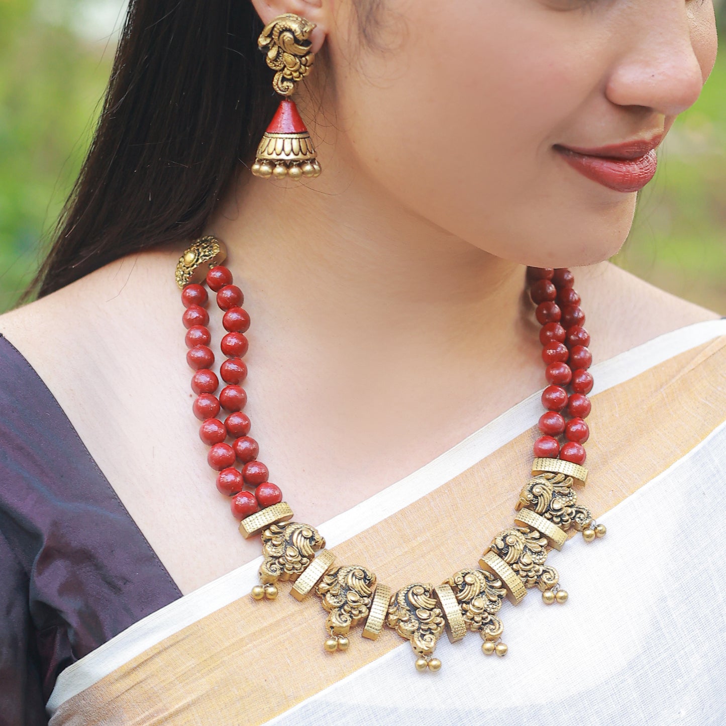 Peacock 2 row Maroon Terracotta Jewellery