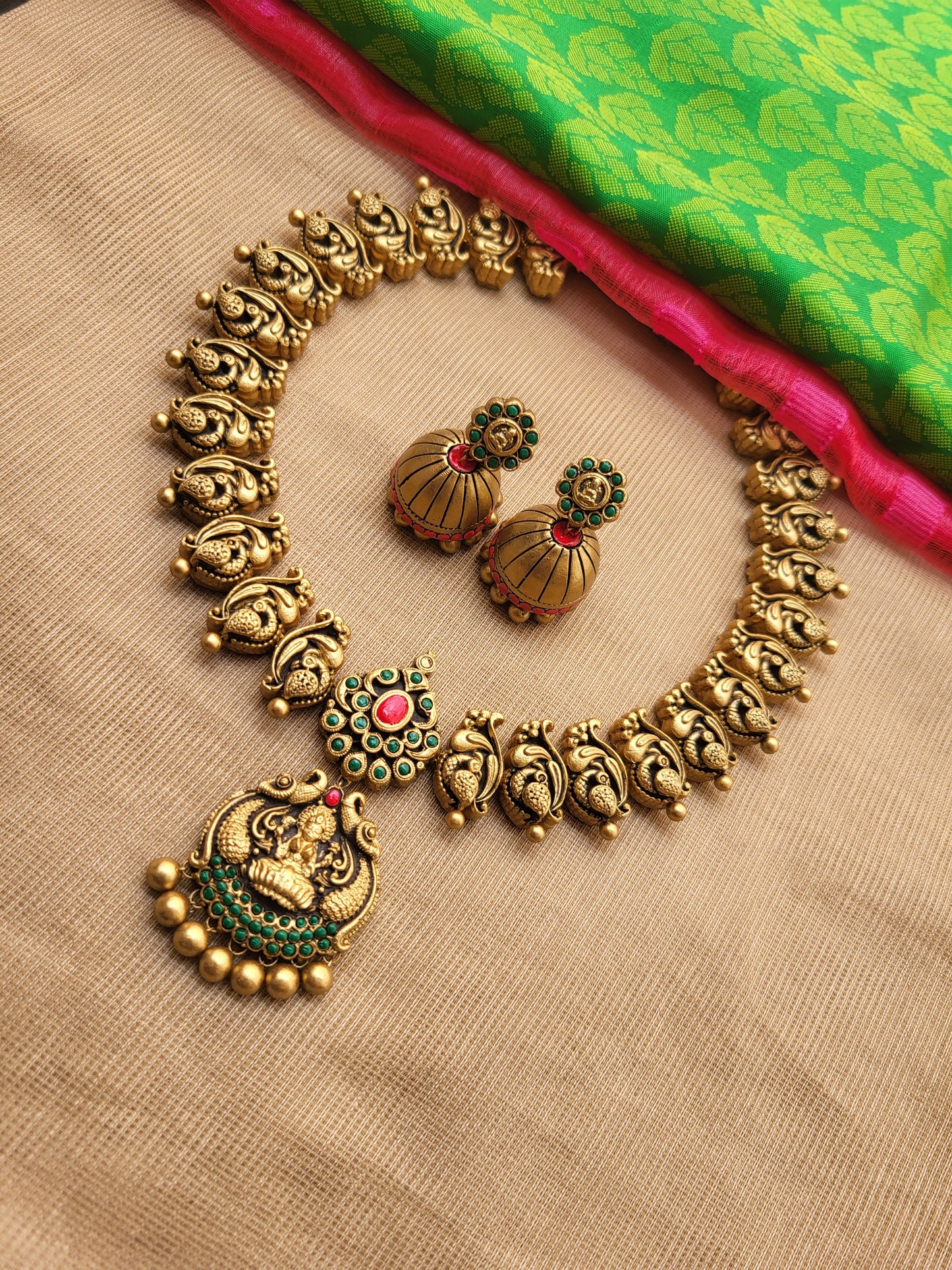 Peacock Motif Lakshmi Terracotta Jewellery