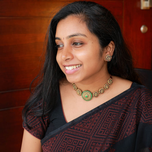 Aarvya - Pastel green and peach peacock motif choker neckace with mandala motif pendant terracotta jewellery