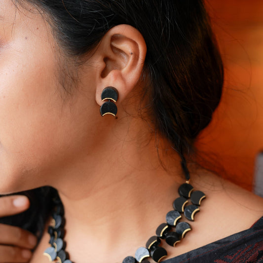 Amaya - black and gold half moon or crescent terracotta jewellery