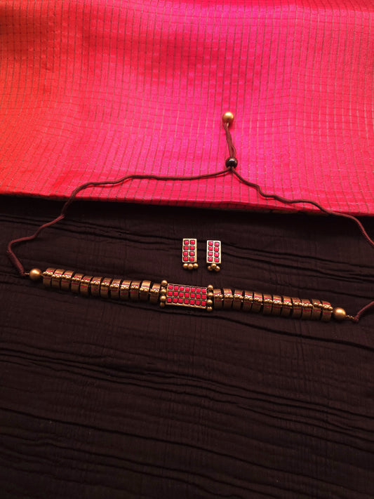 Avantika Antique Gold Block & Crimson Mosaic Terracotta Choker Set