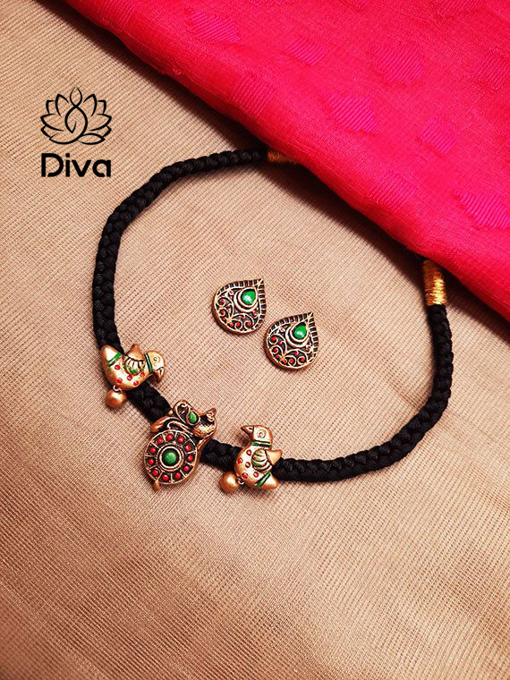 Black rope twin bird terracotta jewellery