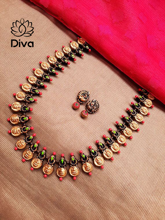 Coin-peach, green terracotta jewellery