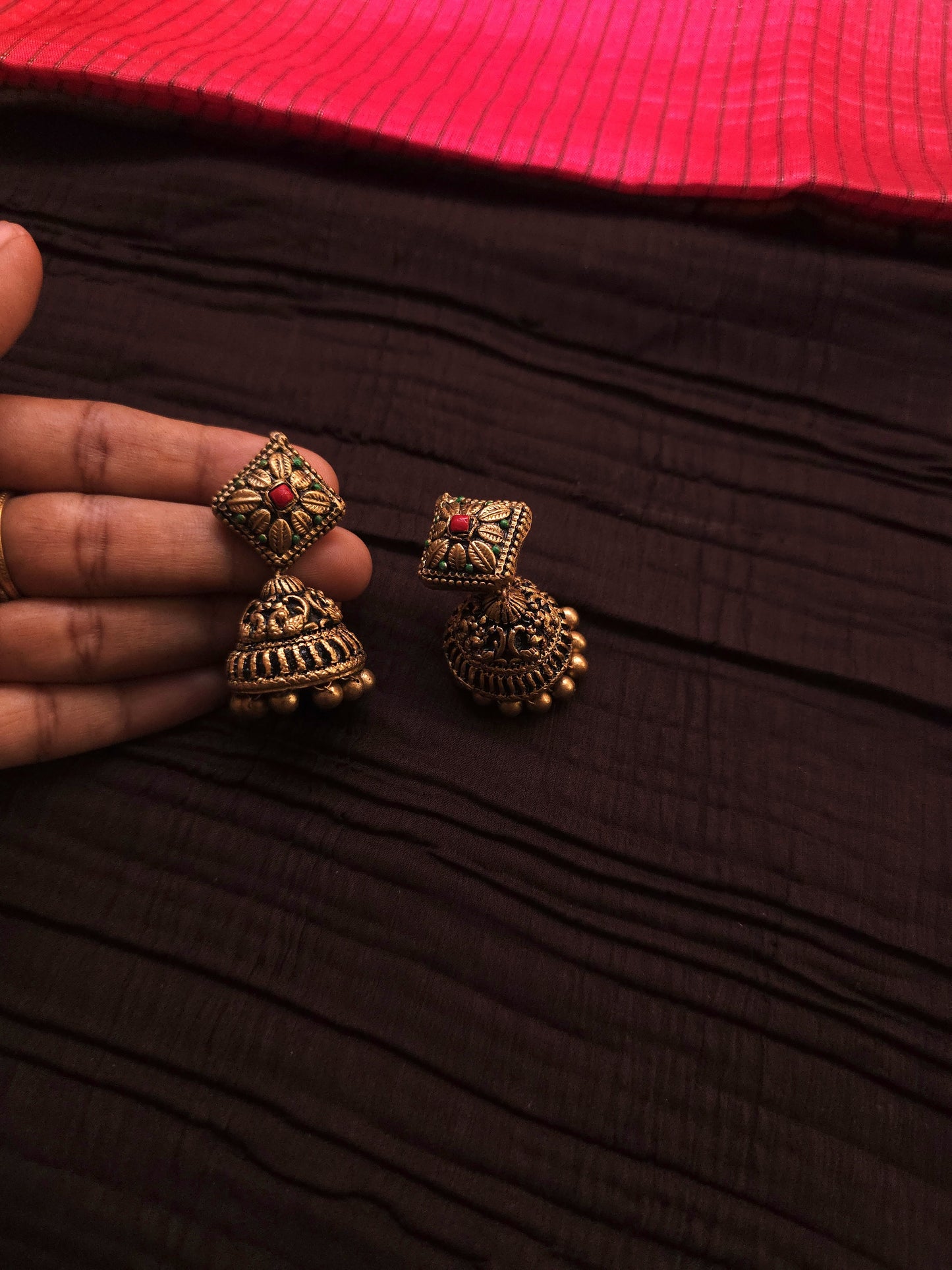 Devika Antique Gold Jharokha Bud & Crimson-Emerald Terracotta Temple Set
