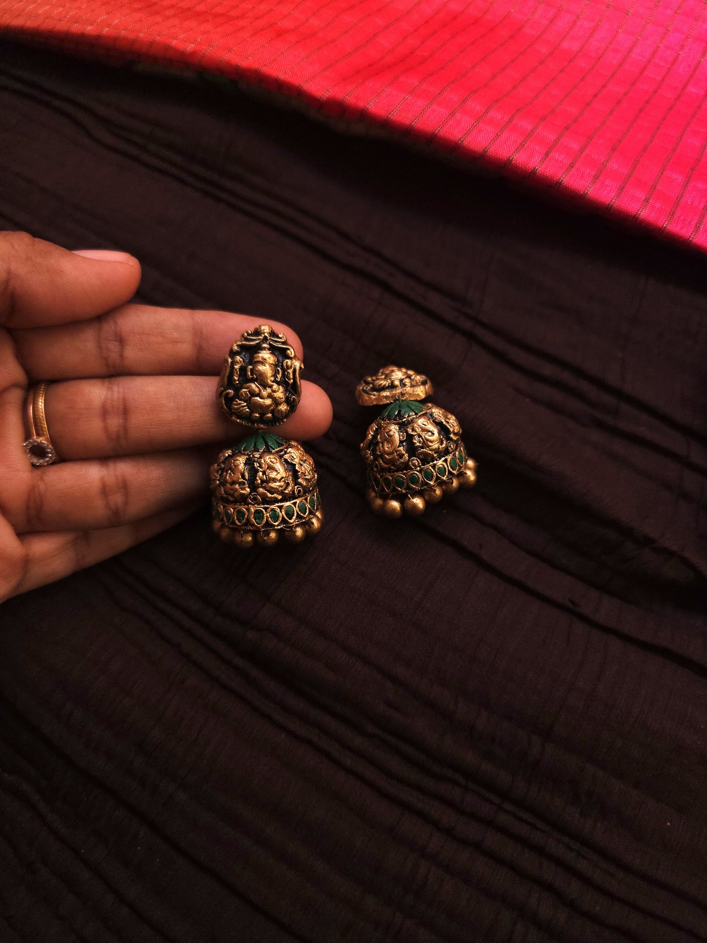 Ganesha Heritage Antique Gold Rudraksha & Deep Green Terracotta Temple Set