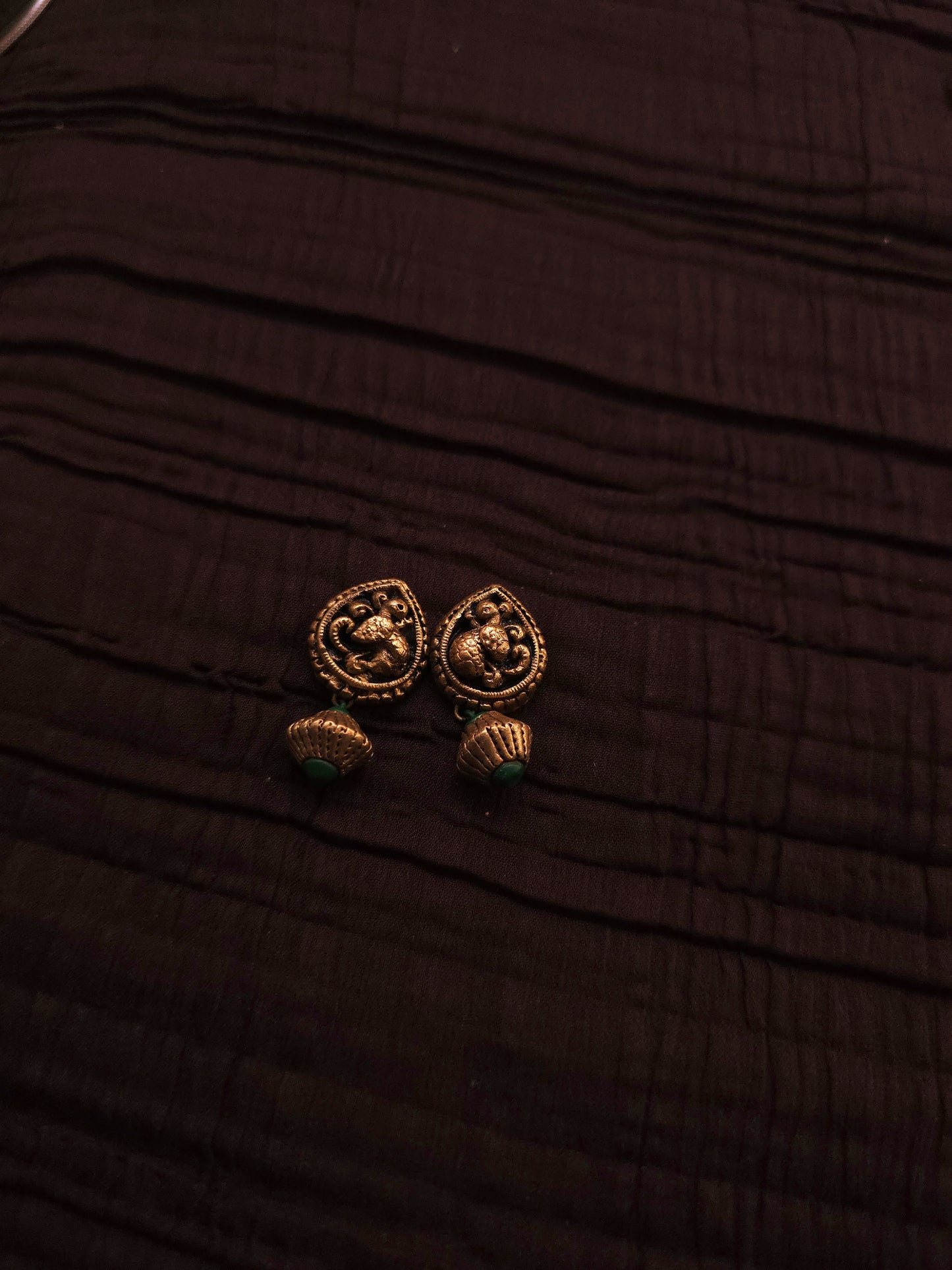 Gayathri Antique Gold Tubular & Emerald-Crimson Peacock Terracotta Set