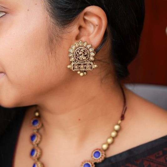 Geetham - Red and blue floral motif necklace with antique gold peacock peandant terracotta jewellery with matching studs