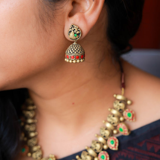 Ilaya - Red Green Mango Peacock motif antique gold terracotta jewellery