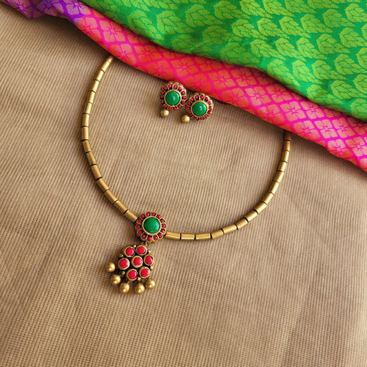 Kalki - Simple tube with red and green floral patterned antique gold terracotta jewellery