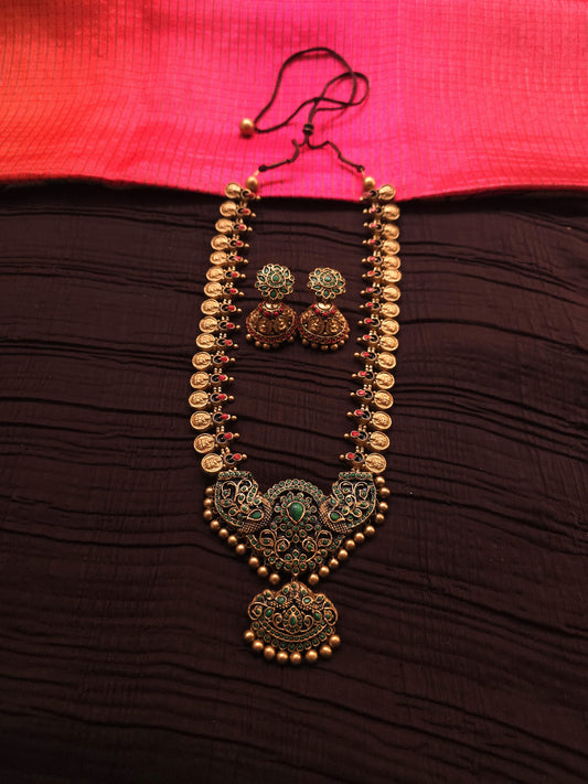 Kasu Peacock Antique Gold Coin & Emerald Green Temple Terracotta Haar Set