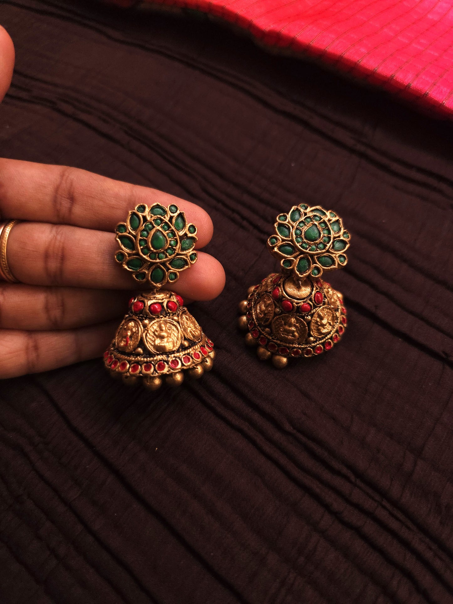 Kasu Peacock Antique Gold Coin & Emerald Green Temple Terracotta Haar Set