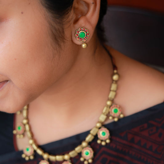 Hand-painted floral terracotta earrings antique gold tubes