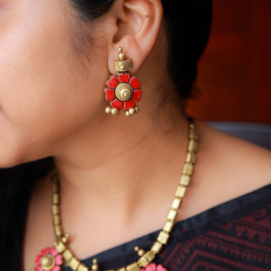 Lavanya - Red Flowers with tube pattern antique gold terracotta jewellery