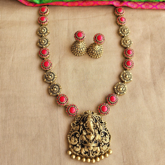 Manthra - Red flower and antique gold peacock motif neckace with ganesha pendant taerracotta jewellery with matching jumkas