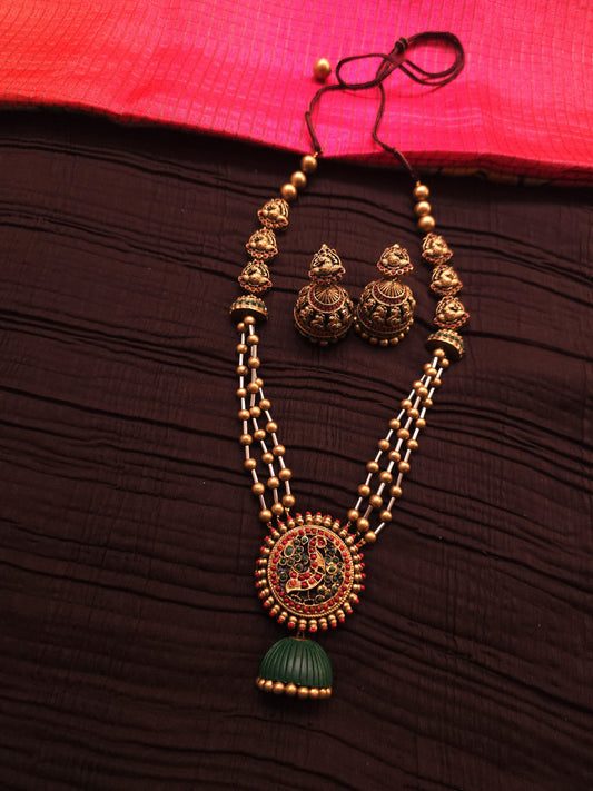 Mayura Jhumka Antique Gold Multi-Strand & Emerald Green Terracotta Haar Set