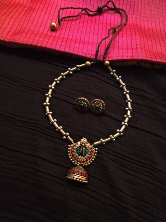 Mayura Jhumka Antique Gold Tubular Bead & Vibrant Multi-Color Terracotta Choker Set