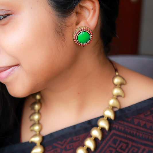 Mithraa - Antique gold mango motifs with mandala pink and green pendant terracotta jewellery with matching stud