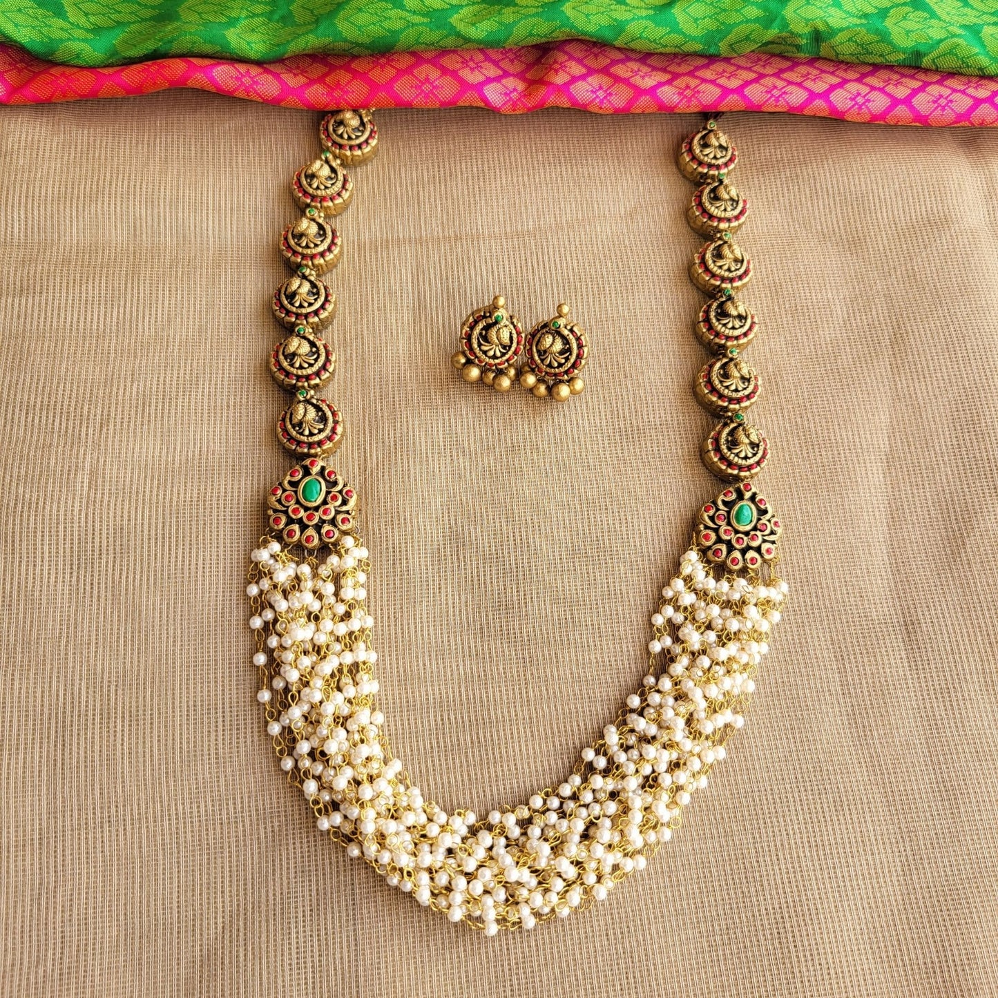 Lightweight handmade terracotta peacock chain and earrings set