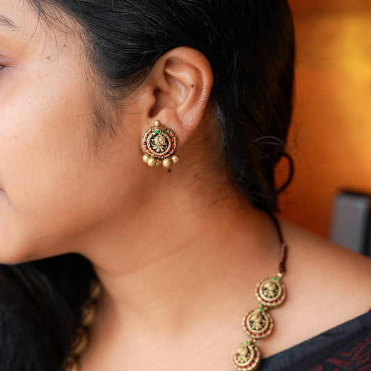 Olivia - Pearl bunch chain with peacock mugappu fusion terracotta jewellery with matching earrings