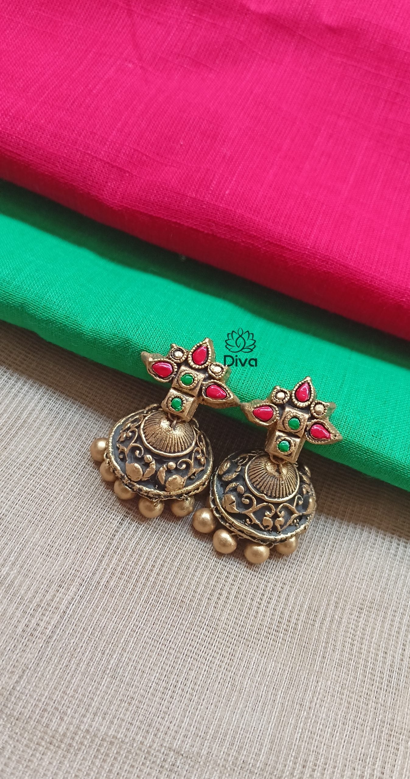 Red green checked terracotta jewellery