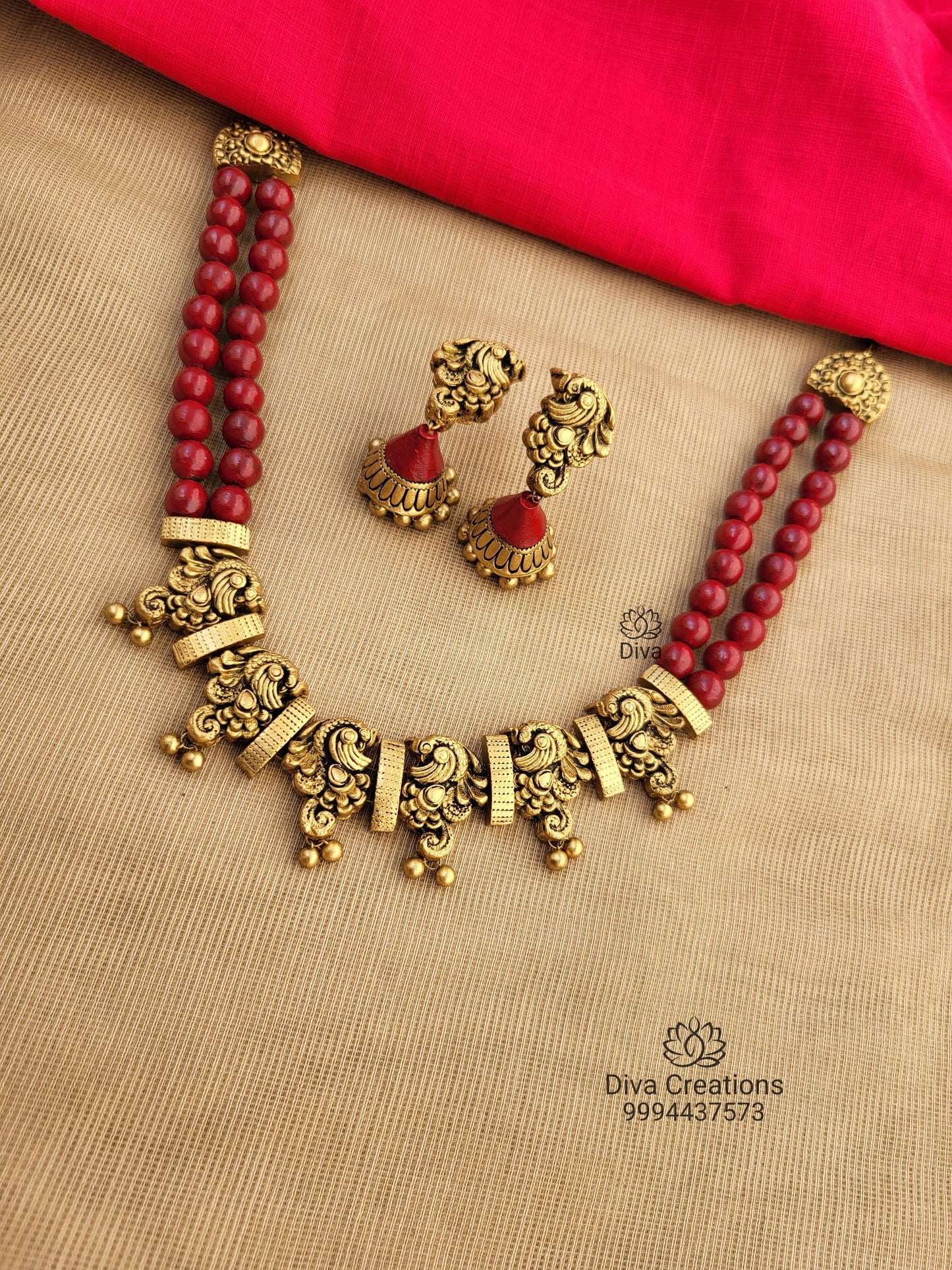 Peacock 2 row Maroon Terracotta Jewellery
