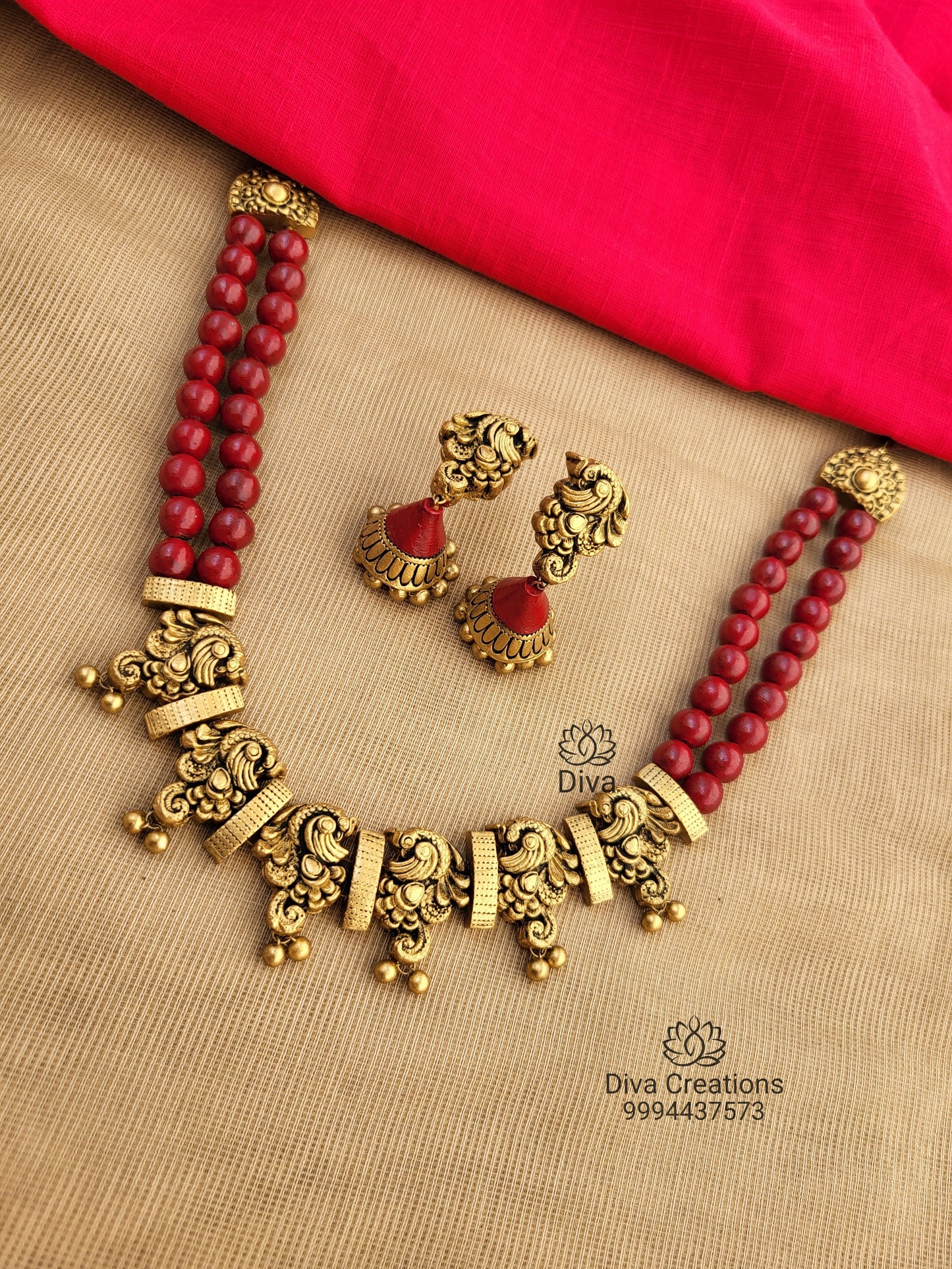 Peacock 2 row Maroon Terracotta Jewellery