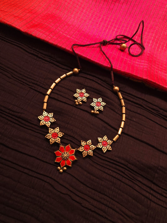 Pushpaanjali Antique Gold & Crimson Floral Terracotta Set