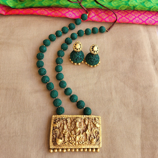 Shreya - Green rudhraksh bead neackace with antique gold pendant terracotta jewellery
