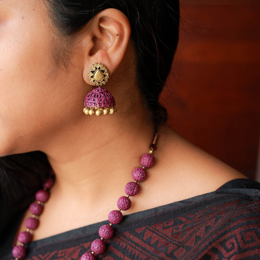 Shreya - purple rudhraksh bead neackace with antique gold pendant terracotta jewellery