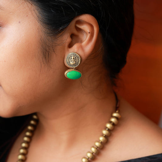 Thulasi - Antique gold disc beads with Lakshmi and green oval element pendant terracotta jewellery with matching earrings