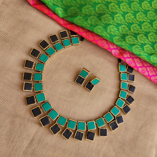 Handcrafted terracotta earrings matching Zyra square necklace