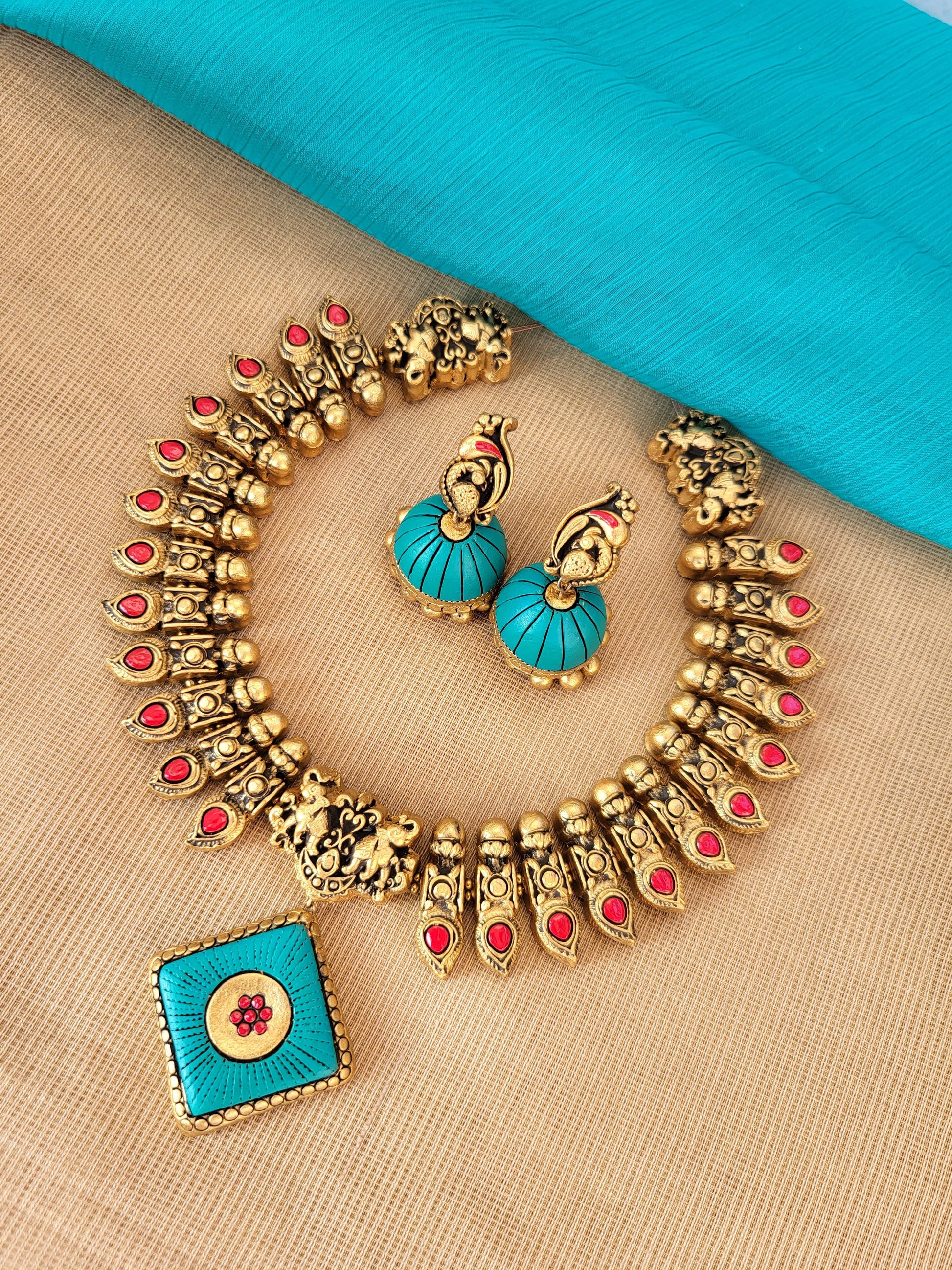 Blue Diamond Terracotta Jewellery - Necklace and Earrings Set