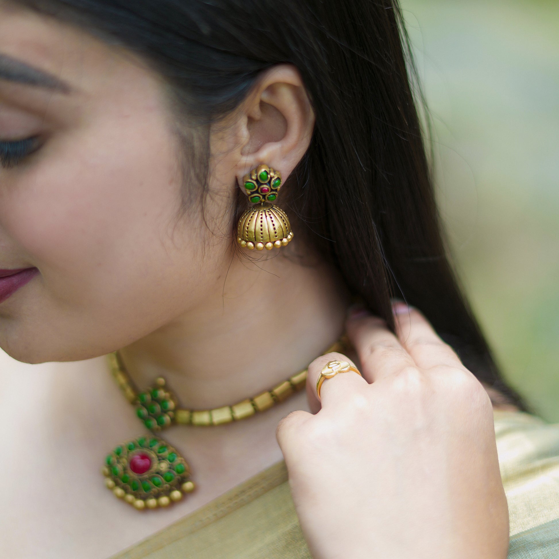 Green Attigai Terracotta Jewellery Jumka Earrings