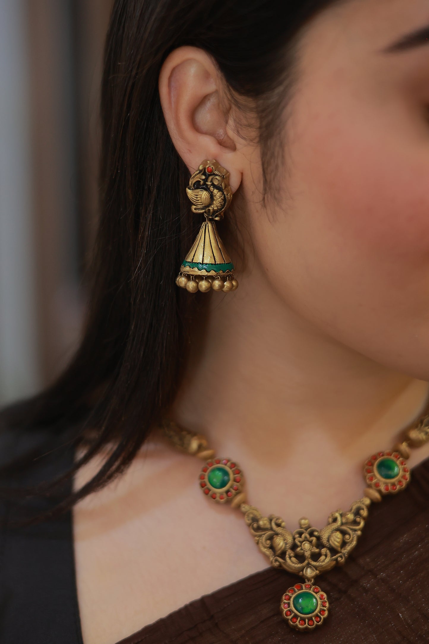 Green Mayura Vardhini Terracotta Jewellery