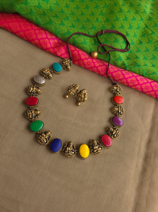Handmade terracotta Lakshmi pendant necklace multicolour beads