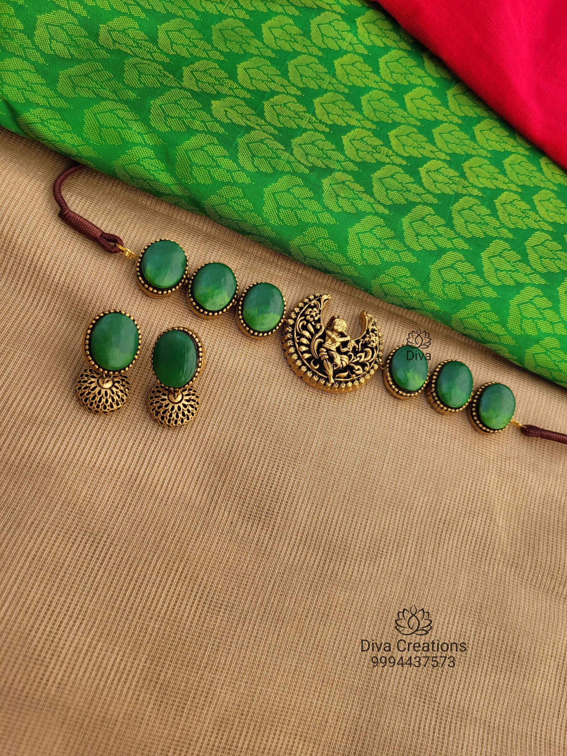 Krishna Green Oval Terracotta Jewellery Set - Terracotta Neckalace & Terracotta Jhumka Earrings