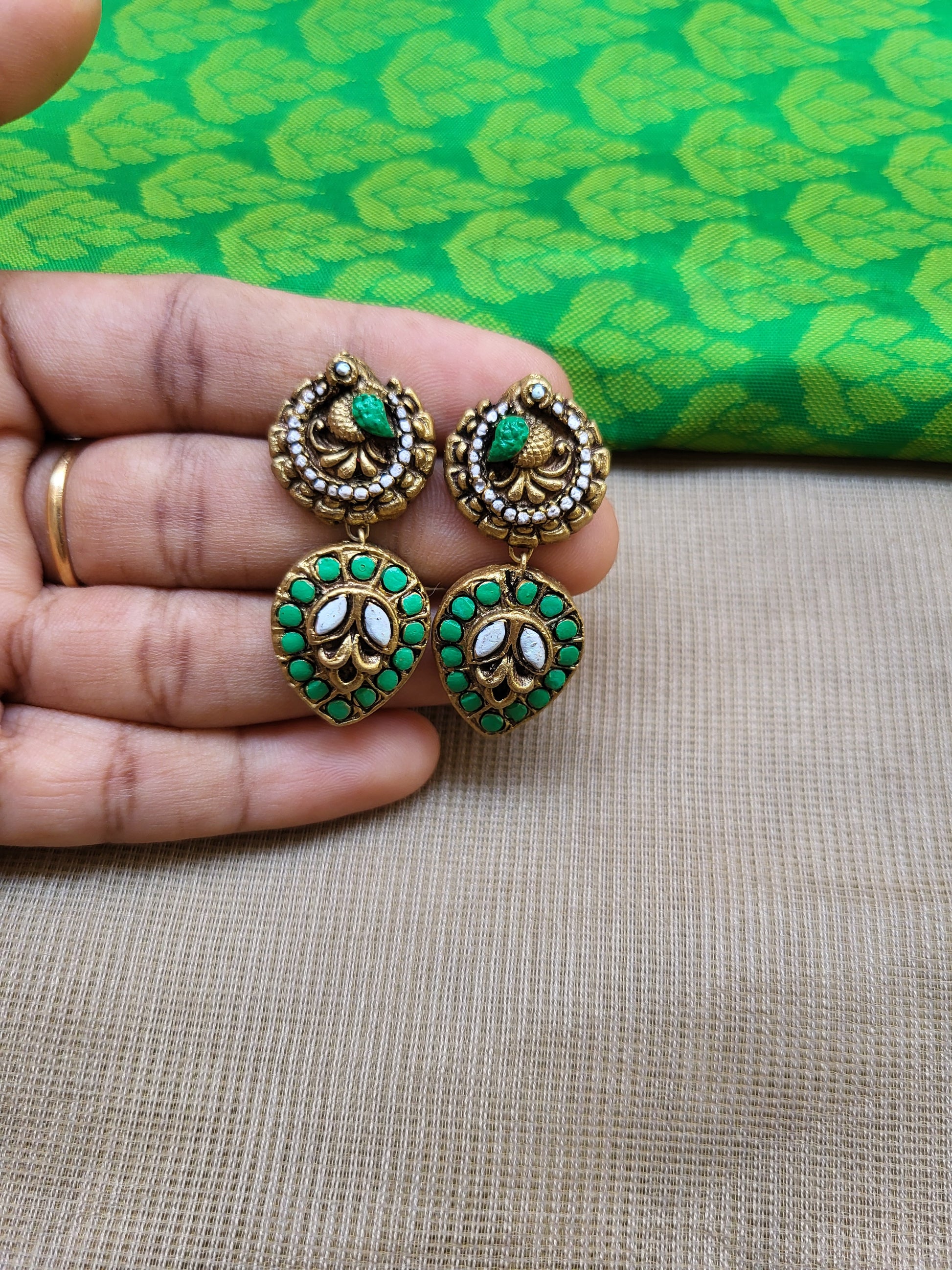 Rain Drop Peacock Terracotta Jhumka Earrings