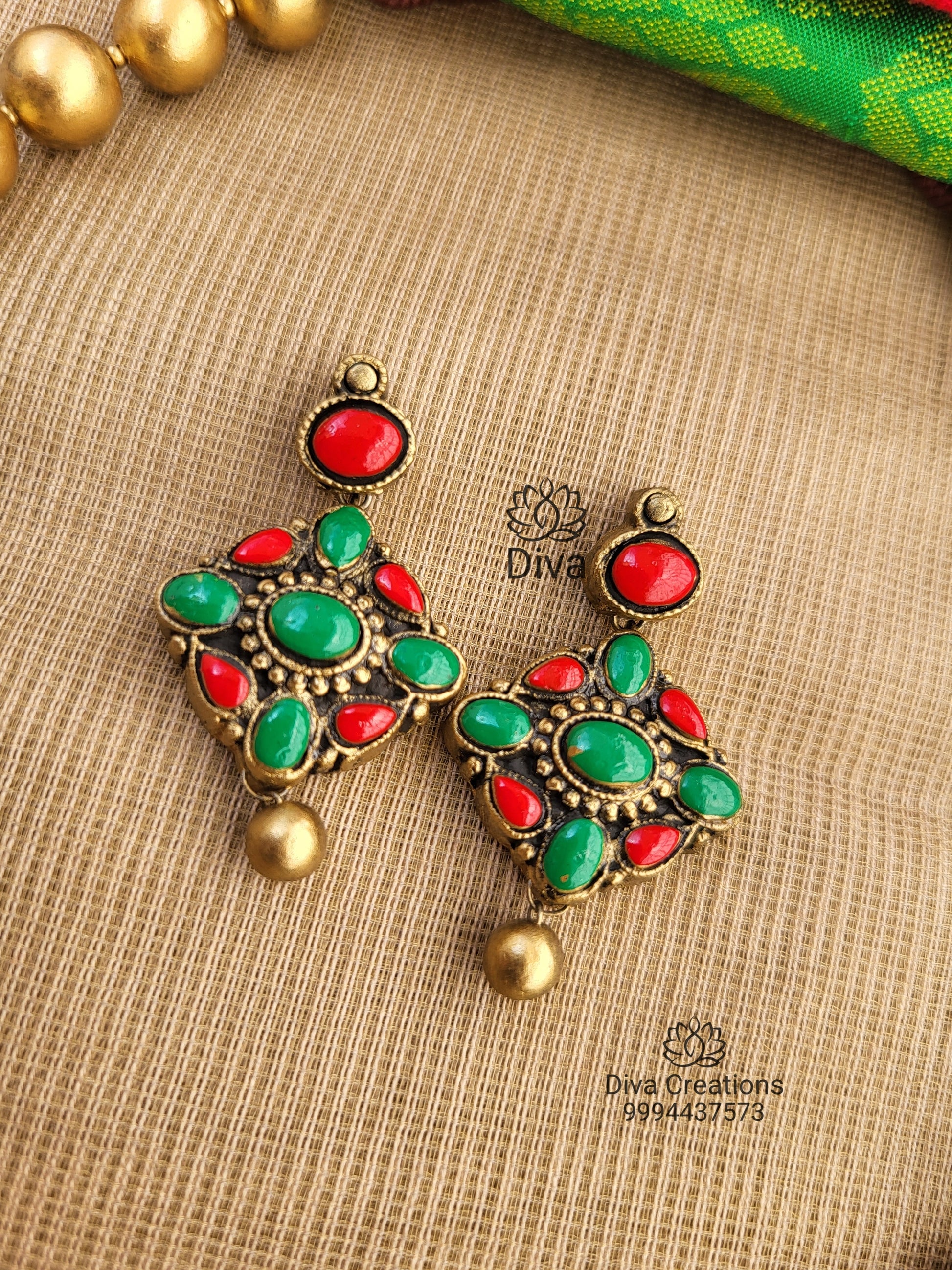Red Green Simple Ball Terracotta Earrings Jumkas