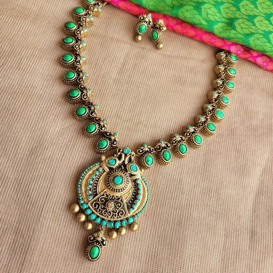 shaarika - Green paisley motif necklace with contemporary antique gold pendant terracotta jewellery with matching earing