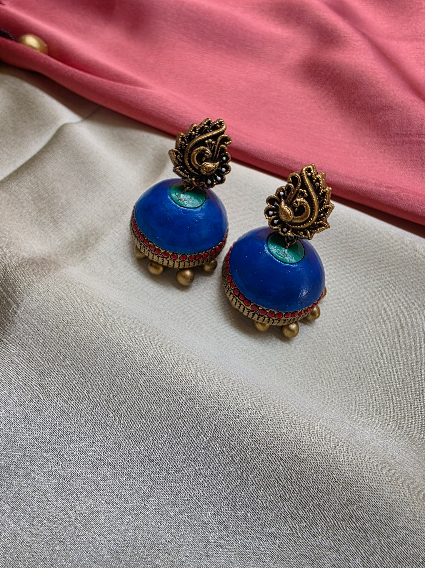 Terracotta Blue Hue Peacock Necklace with Jhumka