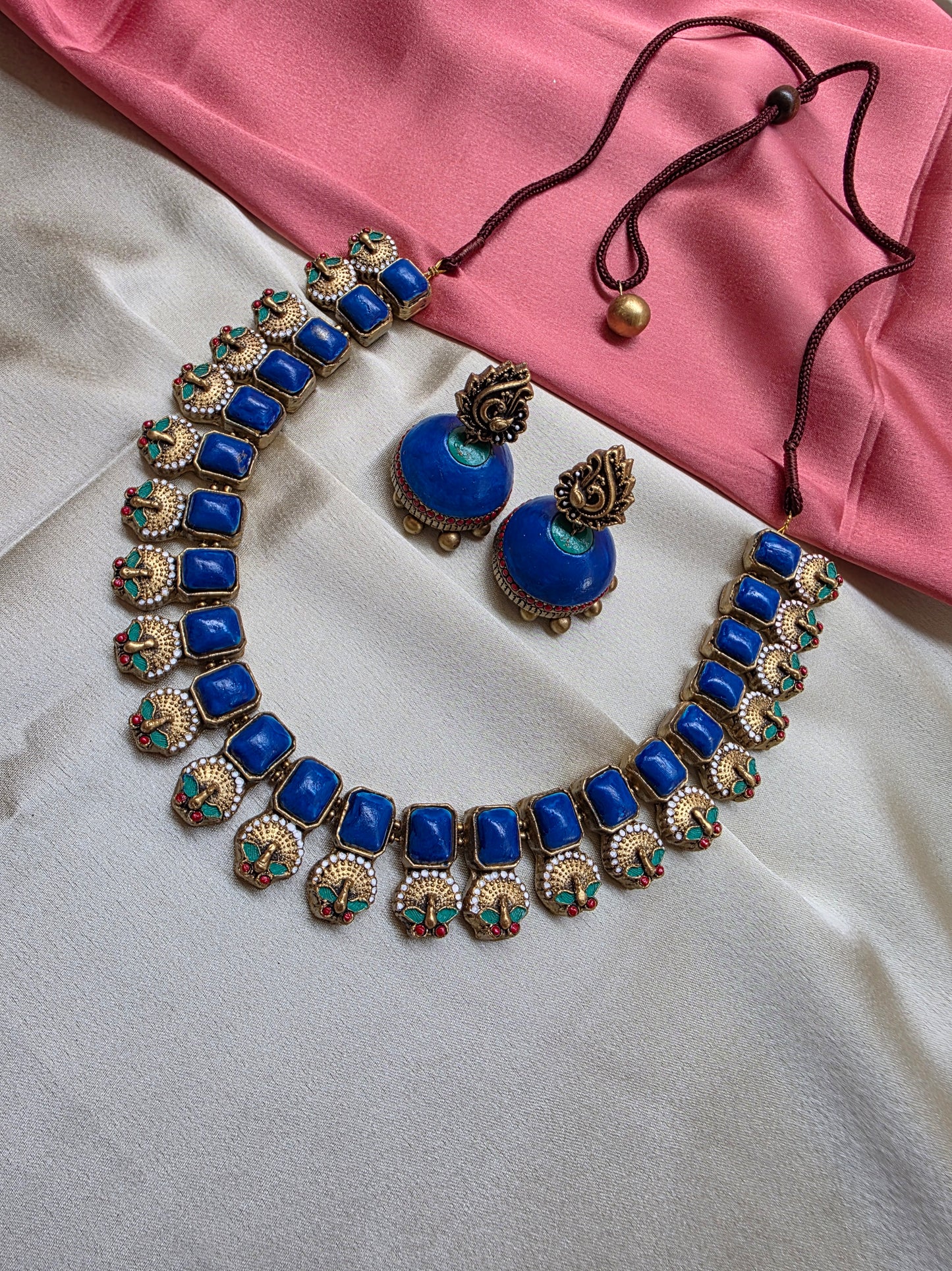 Terracotta Blue Hue Peacock Necklace with Jhumka
