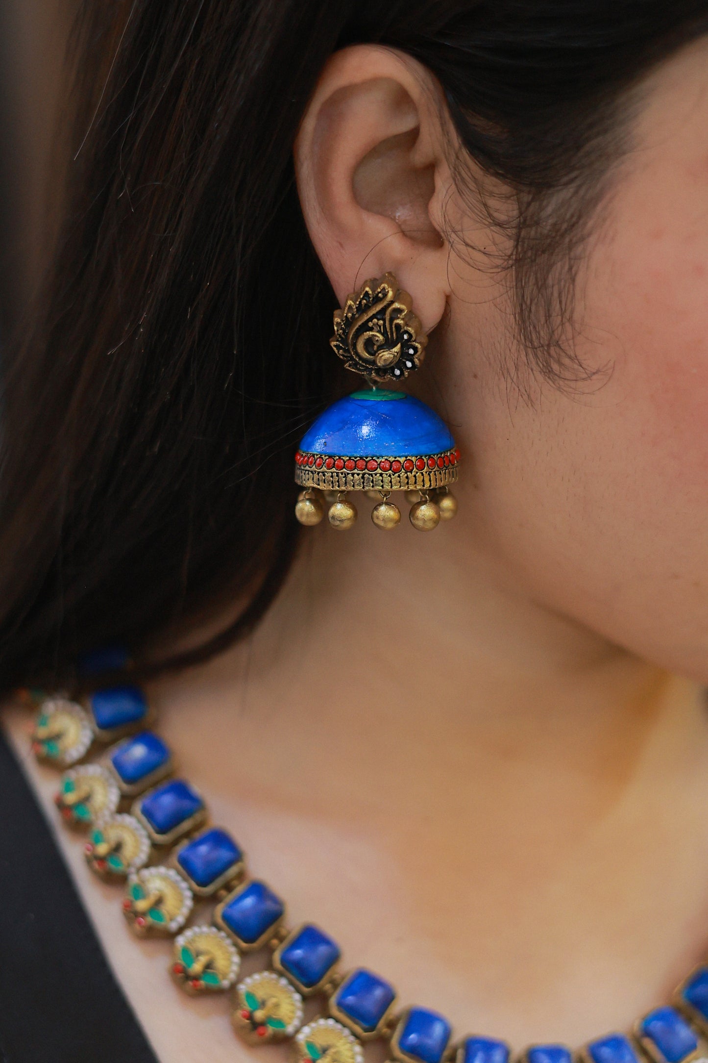 Terracotta Blue Hue Peacock Necklace with Jhumka