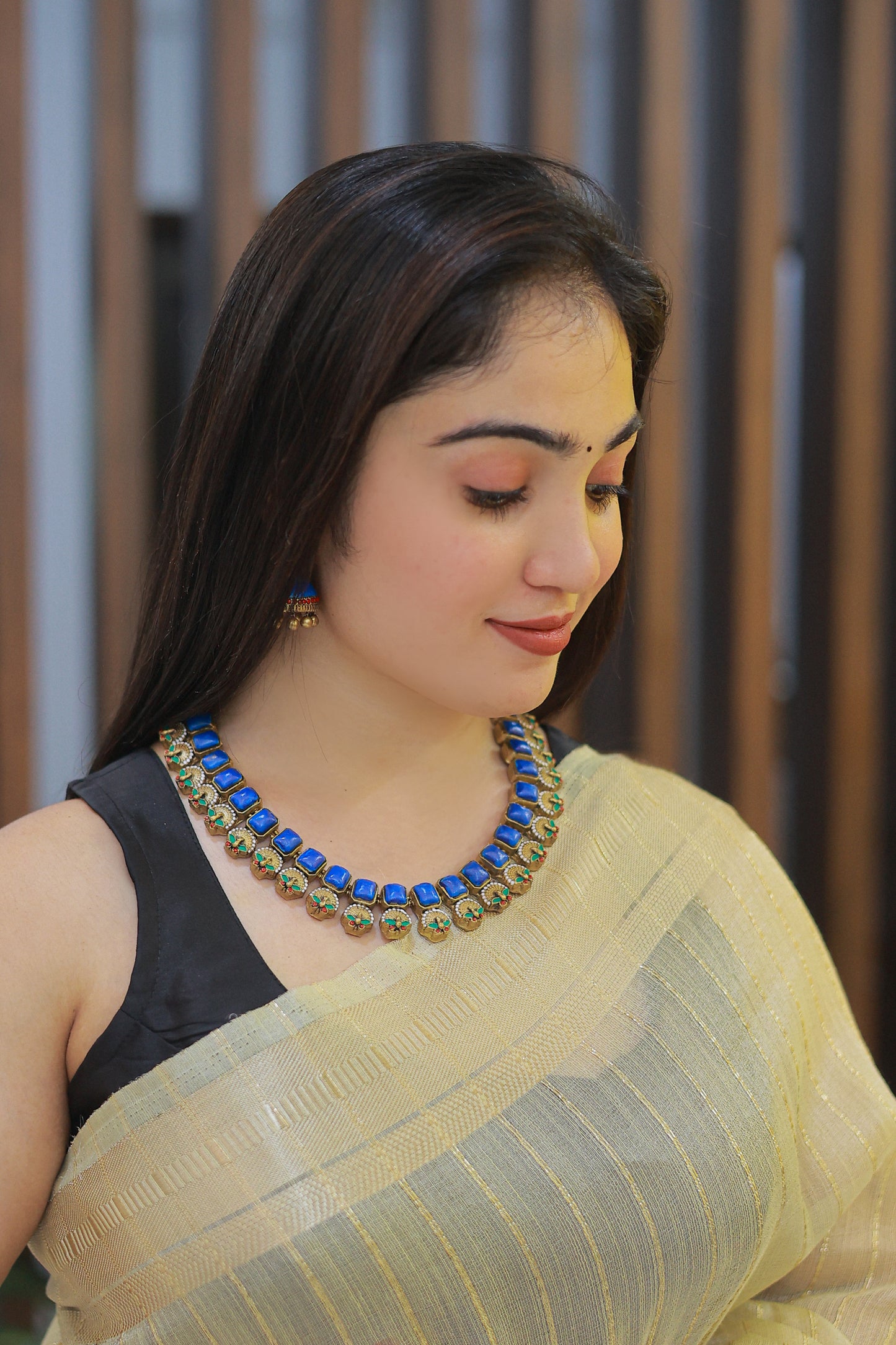 Terracotta Blue Hue Peacock Necklace with Jhumka