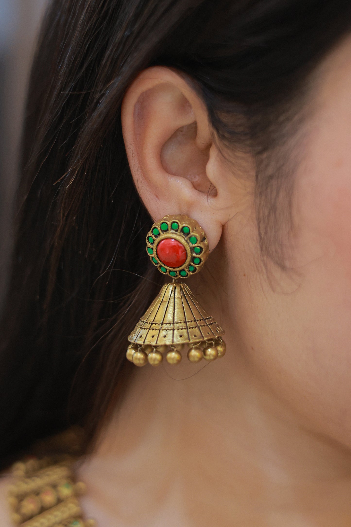 Terracotta Red Green Full Neck Choker Necklace with Jhumkas