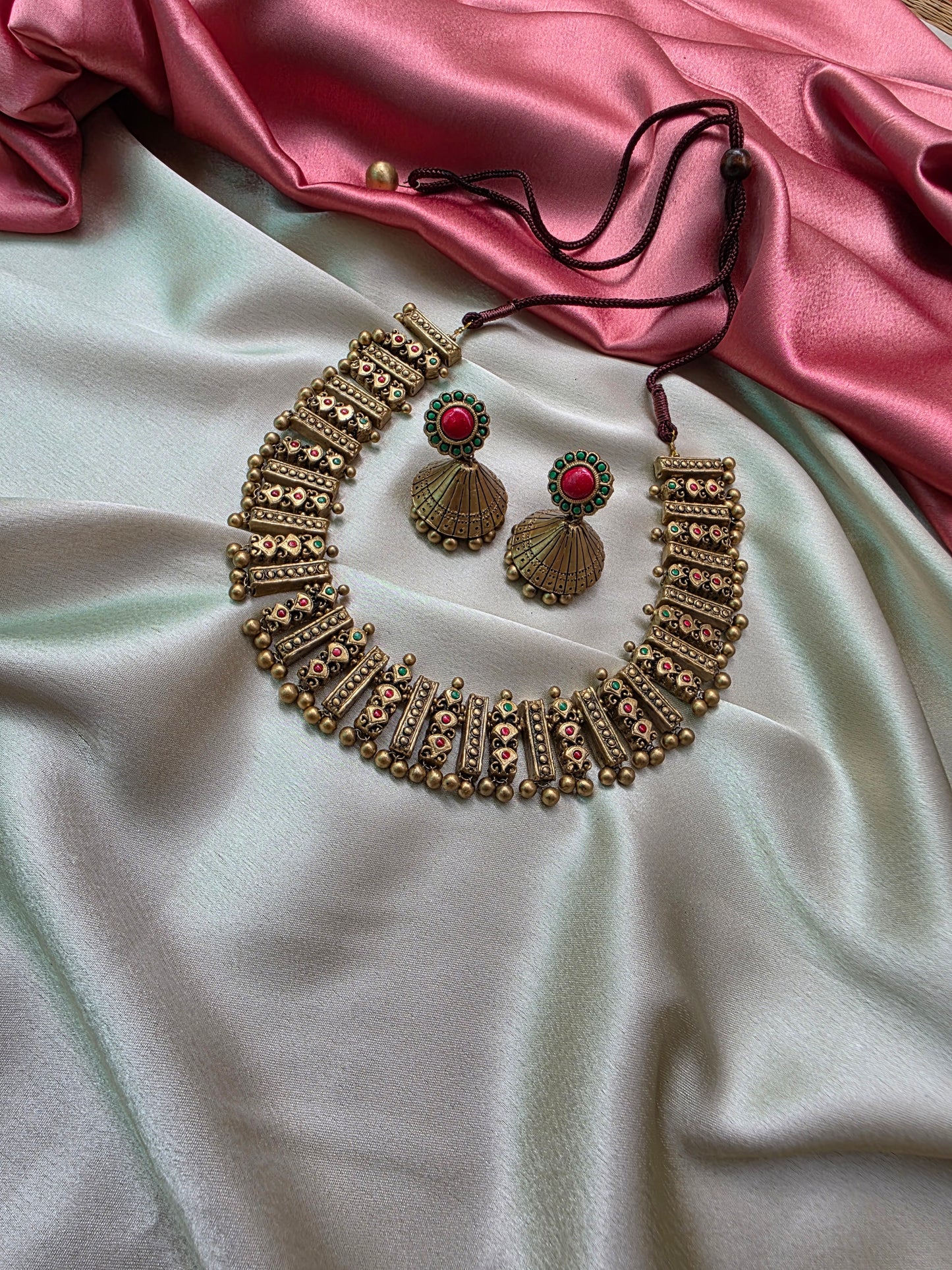 Terracotta Red Green Full Neck Choker Necklace with Jhumkas