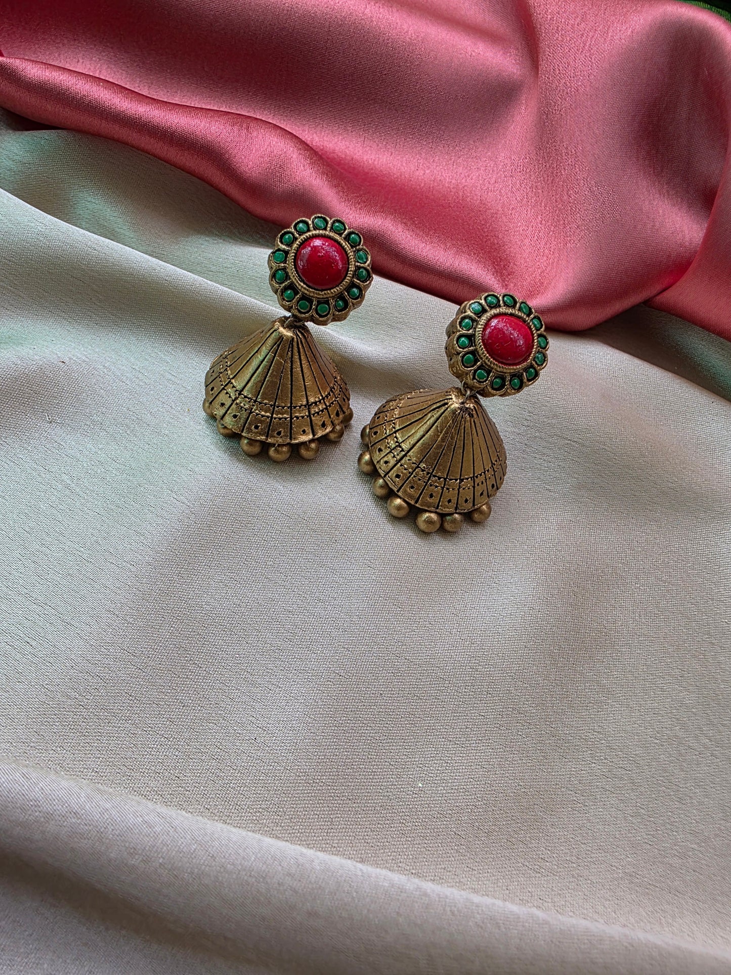 Terracotta Red Green Full Neck Choker Necklace with Jhumkas