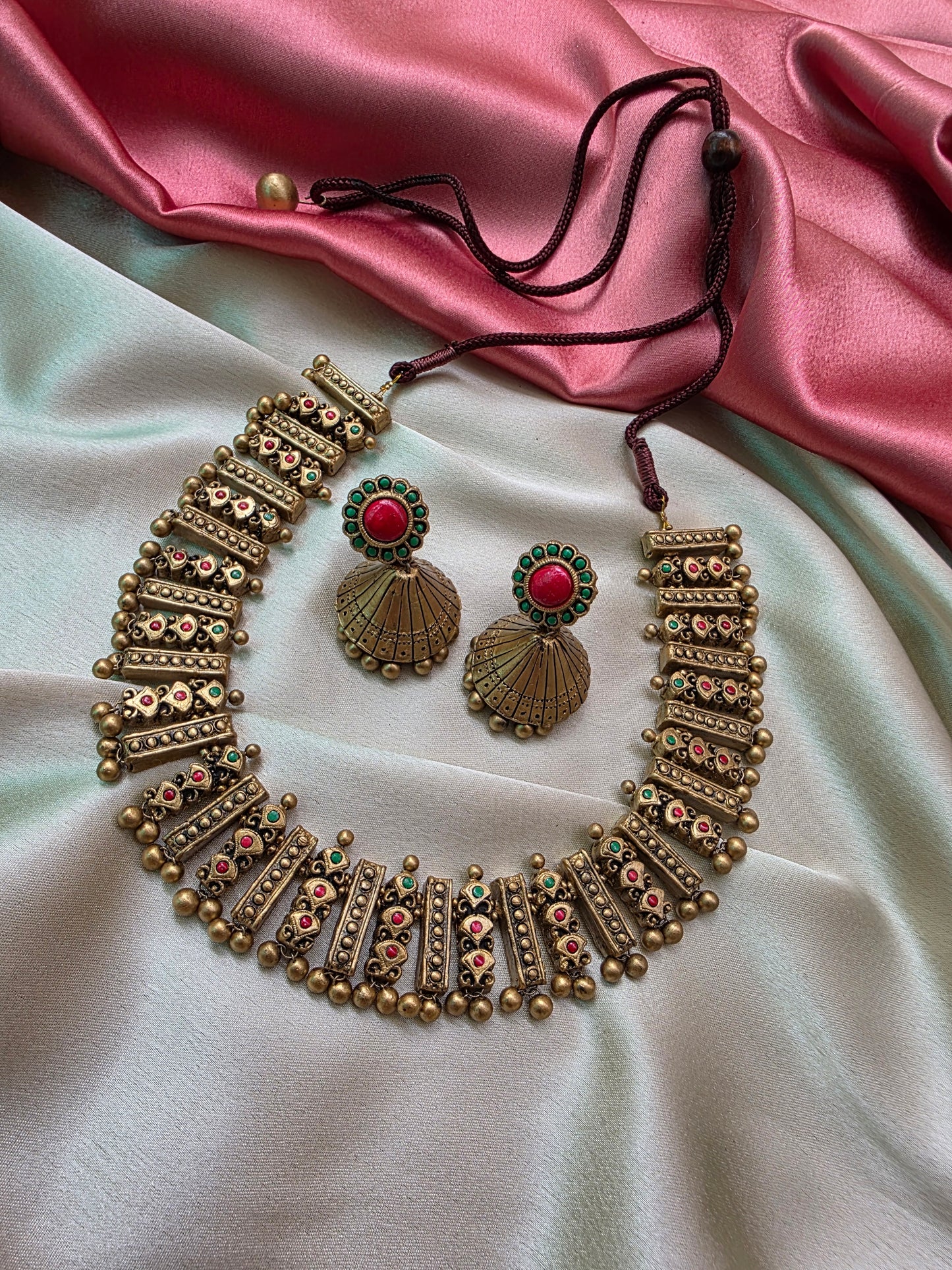 Terracotta Red Green Full Neck Choker Necklace with Jhumkas